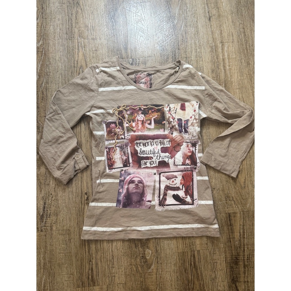 Cache Cache Graphic Long Sleeve Striped Tee Taupe Brown Studded Size 0
